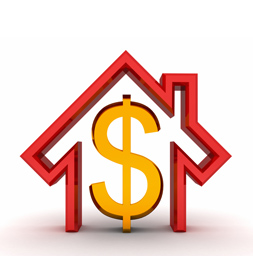 Dollar sign in red outline of house