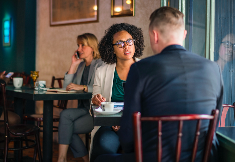 woman and man talking about litigation