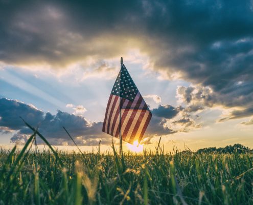 Flag in field with sun