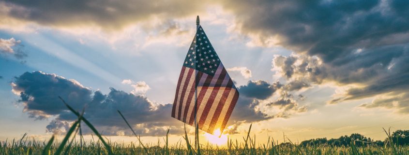 Flag in field with sun