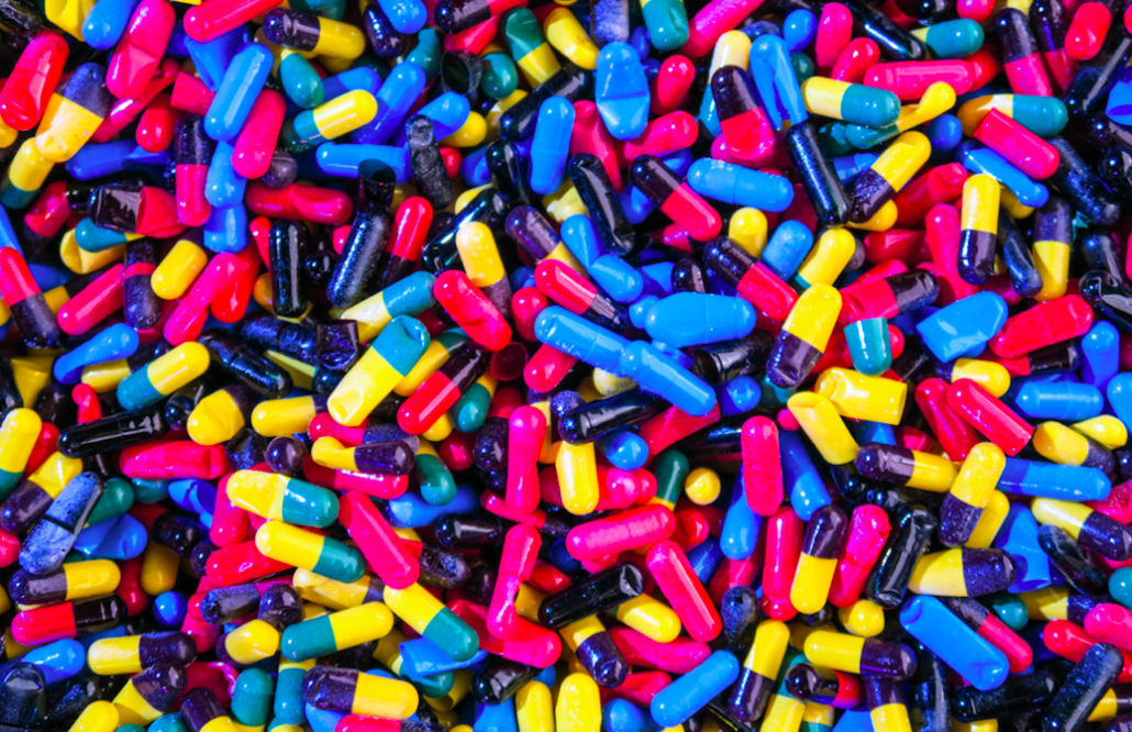 brightly colored pills