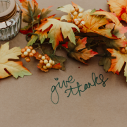 give thanks table with autumn leaves