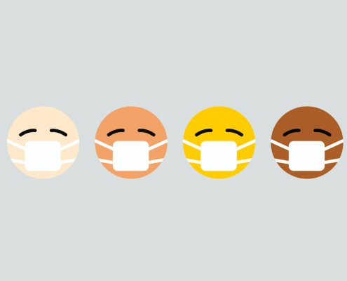 four faces covered by health masks