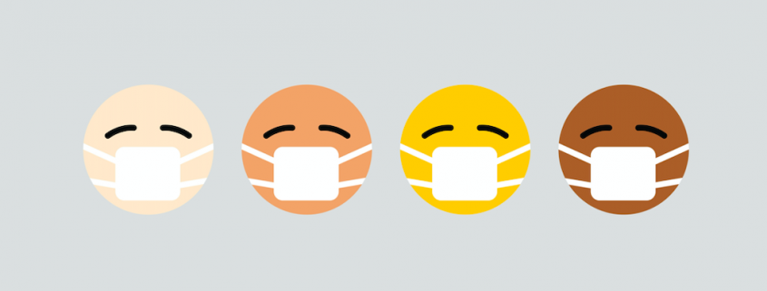 four faces covered by health masks